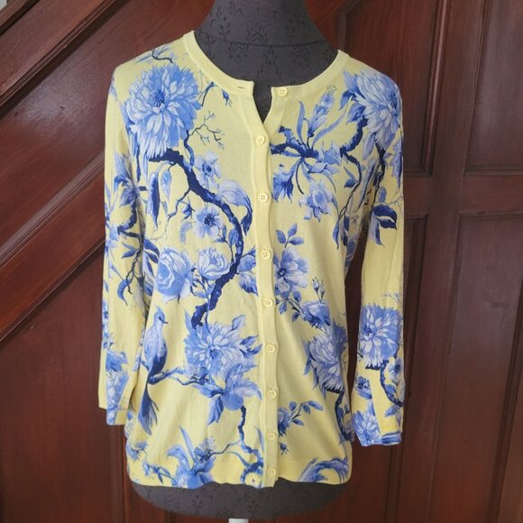 Talbots Sweaters - Talbots Womens Floral & Bird Print Cardigan Yellow & Blue Size S